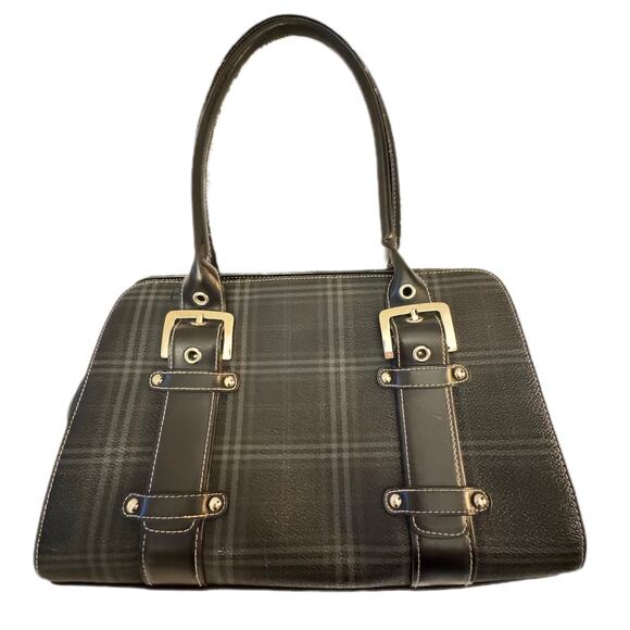 Tartan Plaid Bowler Bag Faux Leather Buckle Shoulder Bag - Picture 2 of 13